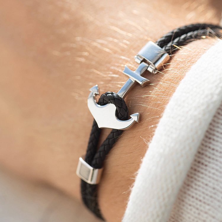 Шкіряний браслет "Якір" із золотою вставкою б02776 від ювелірного магазину Онікс - 4