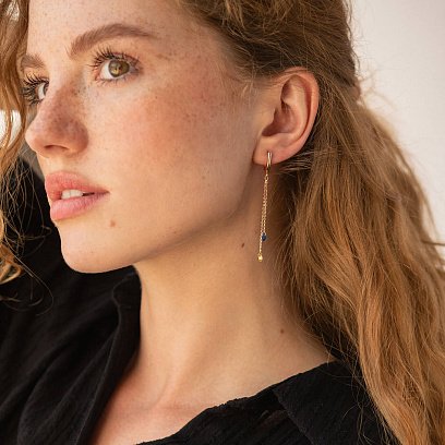 Висячі золоті сережки "Українка" (блакитні та жовті фіаніти) с08384 №2