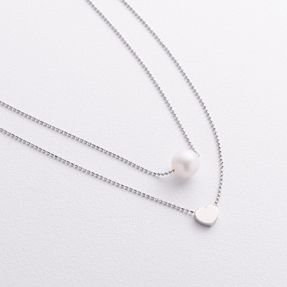 Двойное колье "Сердечко и жемчужина" (белое золото) кол02608 №2