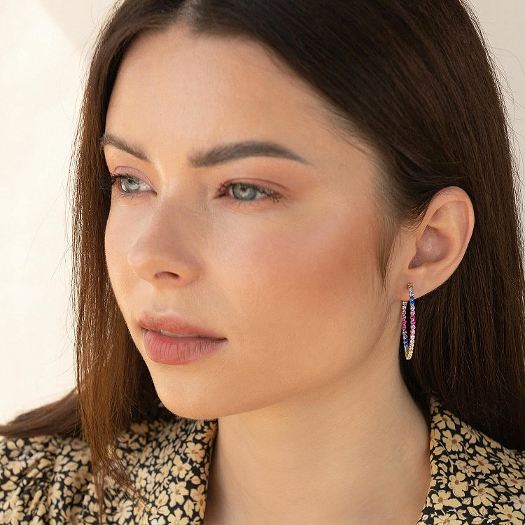 Серебряные серьги - кольца с разноцветными фианитами 123304 от ювелирного магазина Оникс - 3