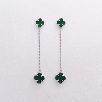 Срібні сережки "Конюшина на ланцюжку" (малахіт) 123511