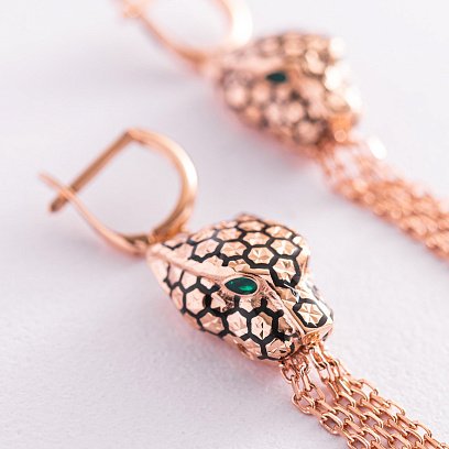 Золоті сережки "Пантери" (емаль, фіаніти) с07715 №3