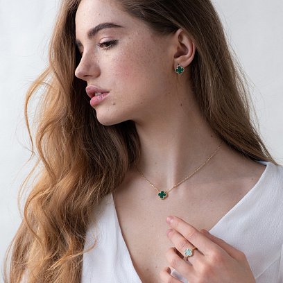 Сережки "Конюшина" в жовтому золоті (малахіт) с06828 №6