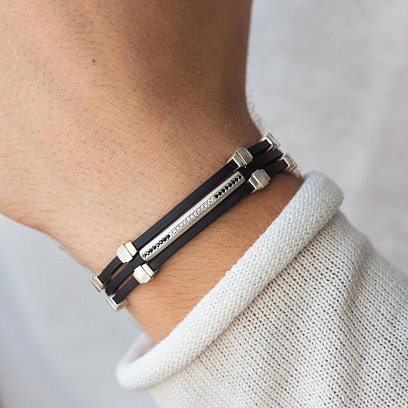 Каучуковый браслет с серебряными вставками (фианиты) 1091чб №2