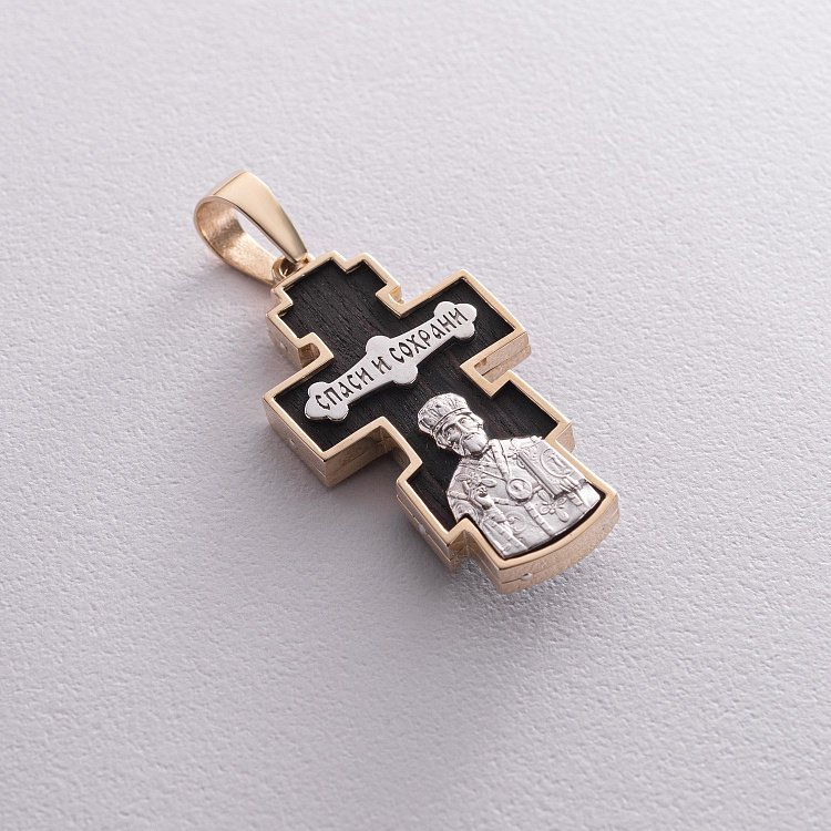 Мужской православный крест из эбенового дерева и золота "Распятие. Спаси и Сохрани" п0025ж от ювелирного магазина Оникс - 5