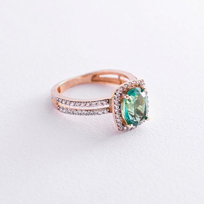 Золота каблучка з фіанітами і празіолітом к04646 №4