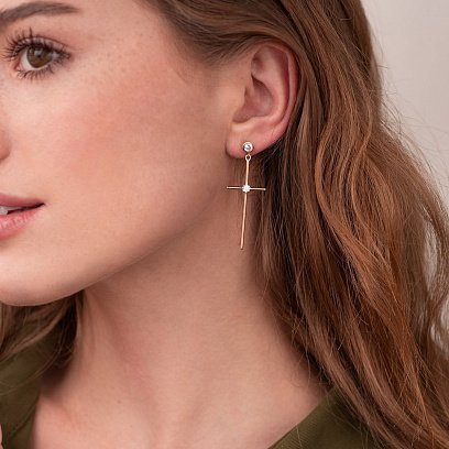 Серьги - пусеты "Кресты" в красном золоте (фианиты) с07362 №2