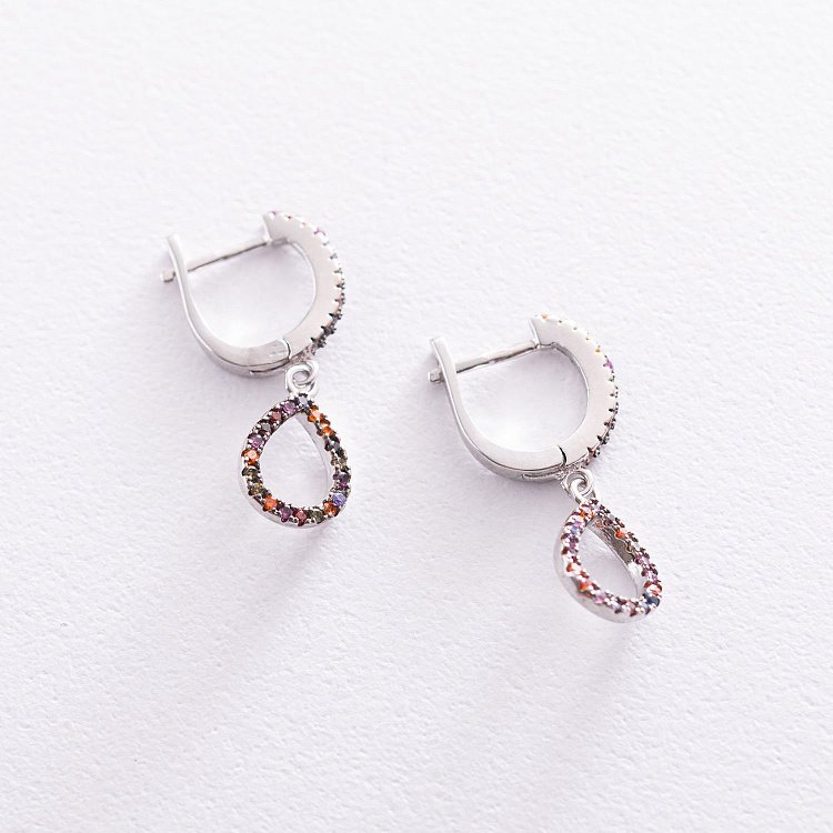 Серебряные серьги "Капельки" с разноцветными фианитами 122839 от ювелирного магазина Оникс - 2