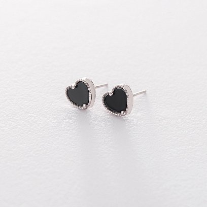 Серебряные серьги - пусеты "Сердечки" с ониксом 122483