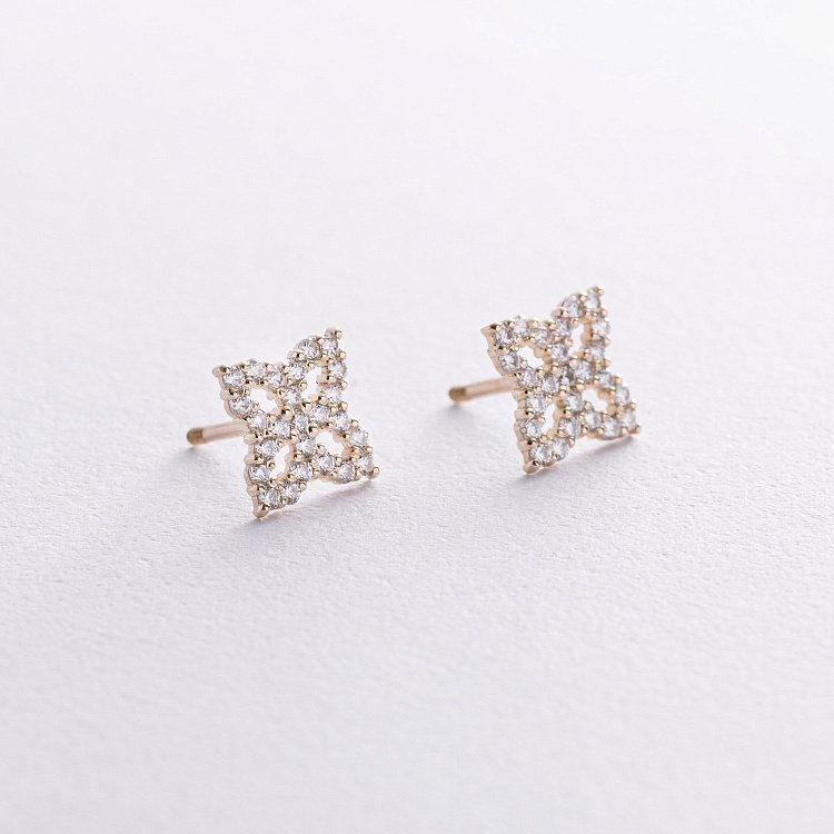 Серьги - пусеты "Клевер" с фианитами (желтое золото) с08621 от ювелирного магазина Оникс - 2