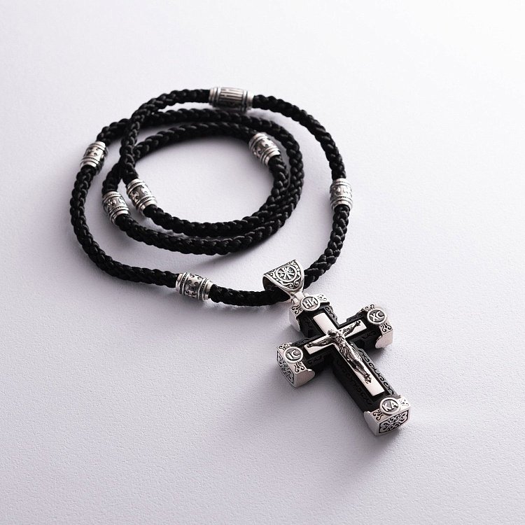 Мужской православный крест на шнуре из эбенового дерева и серебра 181183 от ювелирного магазина Оникс