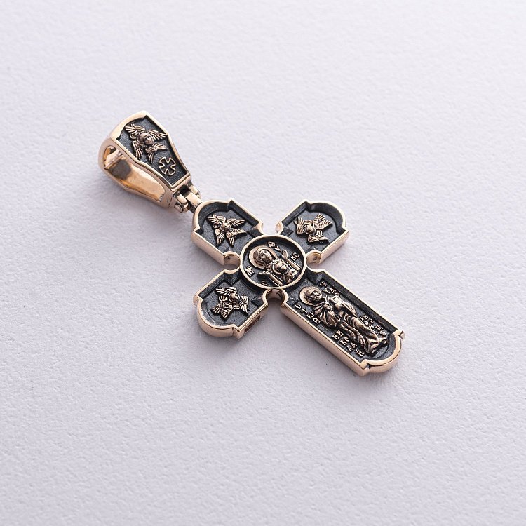 Православный золотой крест "Распятие Христово. Спас Нерукотворный. Икона Божией Матери знамение. Святитель Николай" п03908 от ювелирного магазина Оникс - 5