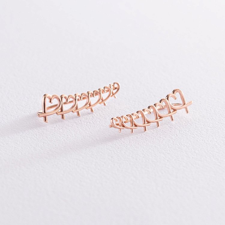 Серьги - клаймберы "Сердечки" в красном золоте с07105 от ювелирного магазина Оникс