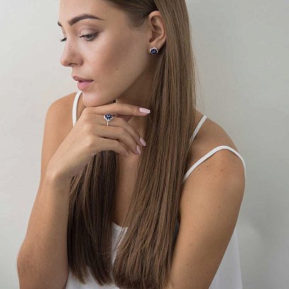 Золотое кольцо с синими сапфирами и бриллиантами R01757mi №5