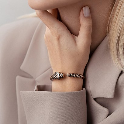 Жесткий золотой браслет "Пантера" (эмаль, фианиты) б04962 №6