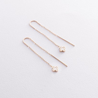 Золотые серьги - протяжки "Клевер" с перламутром с08576