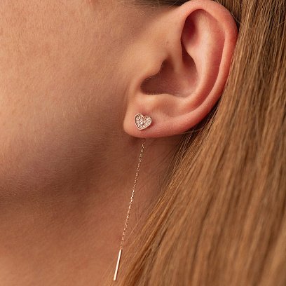 Сережки - протяжки "Сердечки" у червоному золоті (фіаніти) с08063 №2