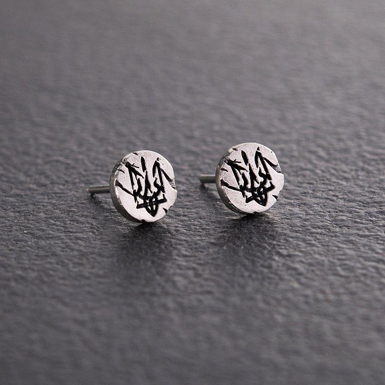 Срібні сережки - пусети "Герб України - Тризуб. Слава Україні, Героям Слава" 123288 від ювелірного магазину Онікс