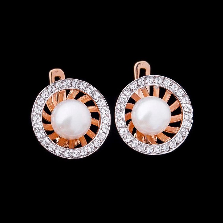 Золоті сережки з культ. прісн. перлами і фіанітами с00568 від ювелірного магазину Онікс - 2