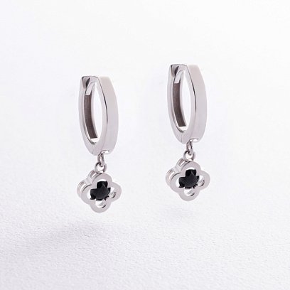 Серебряные серьги - кольца "Клевер" (черные фианиты) OR124010ч