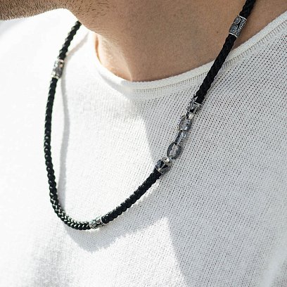 Шелковый шнурок "Спаси и Сохрани. С ликами святых" с серебряными вставками 1093шн №2