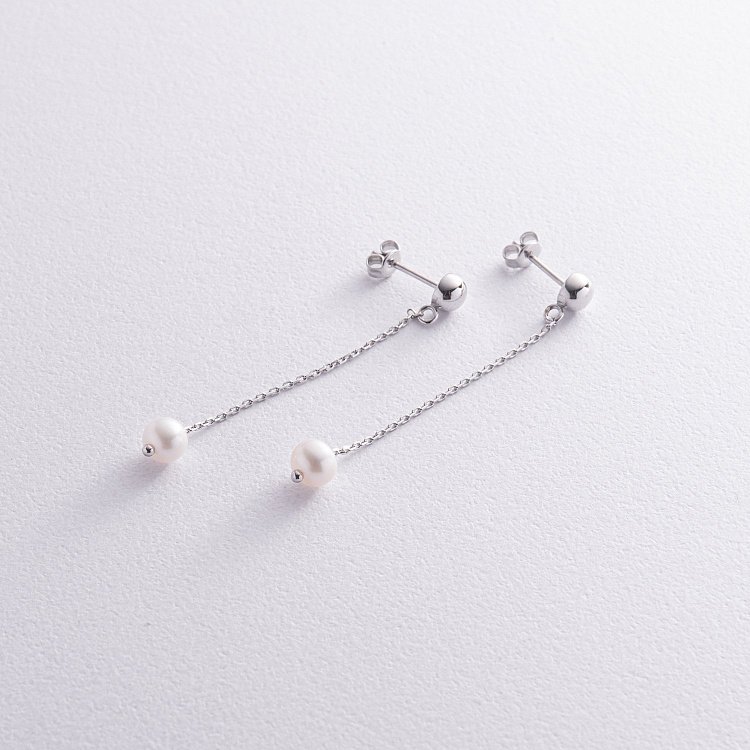 Серьги - пусеты "Жемчужина на цепочке" в белом золоте с08313 от ювелирного магазина Оникс - 2