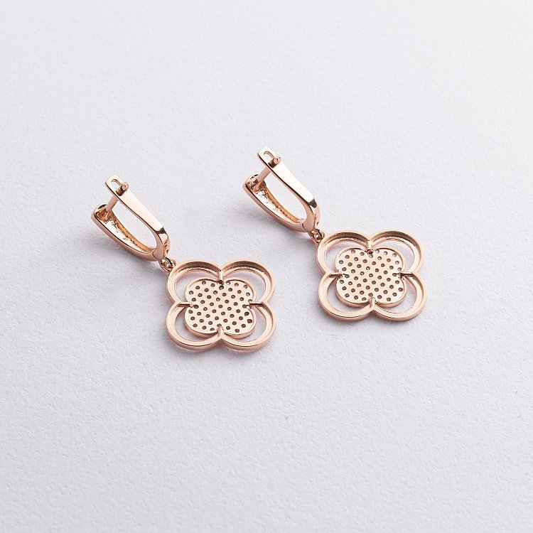 Сережки - кільця "Конюшина" в червоному золоті (фіаніти) с09313 від ювелірного магазину Онікс - 1