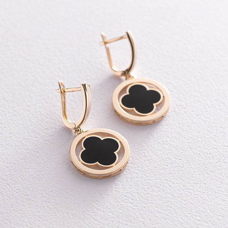 Сережки "Конюшина" в жовтому золоті (емаль) с07179 від ювелірного магазину Онікс