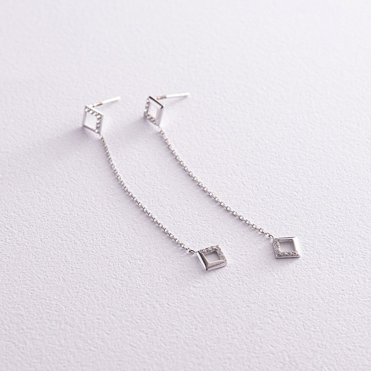 Золотые серьги "Ромбы" на цепочке (фианиты) с07279 от ювелирного магазина Оникс