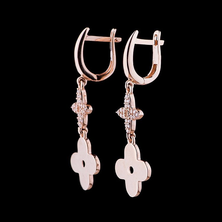 Золотые серьги "Клевер" с фианитами с04855 от ювелирного магазина Оникс