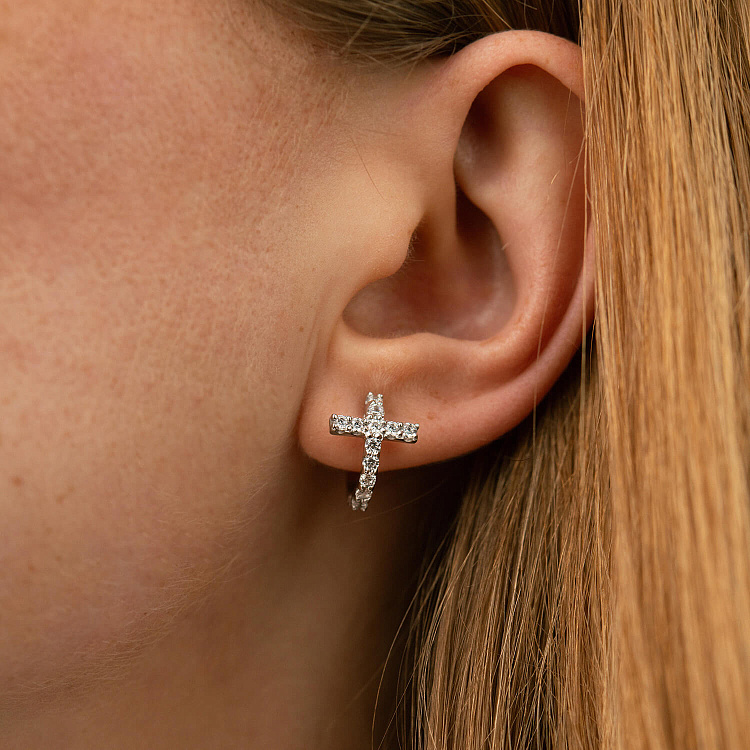 Сережки - кільця "Хрестики" з фіанітами (біле золото) с09092 від ювелірного магазину Онікс - 5