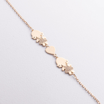 Браслет "Дві дівчинки та сердечко" в жовтому золоті (фіаніти) б05657 №2