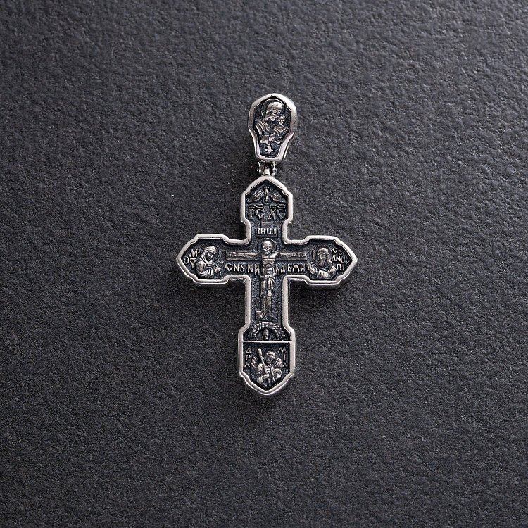 Православный крест "Распятие Христово с деисусом. Ангел Хранитель. Образ Пресвятой Богородицы "Казанская" (чернение) 132858 от ювелирного магазина Оникс - 4