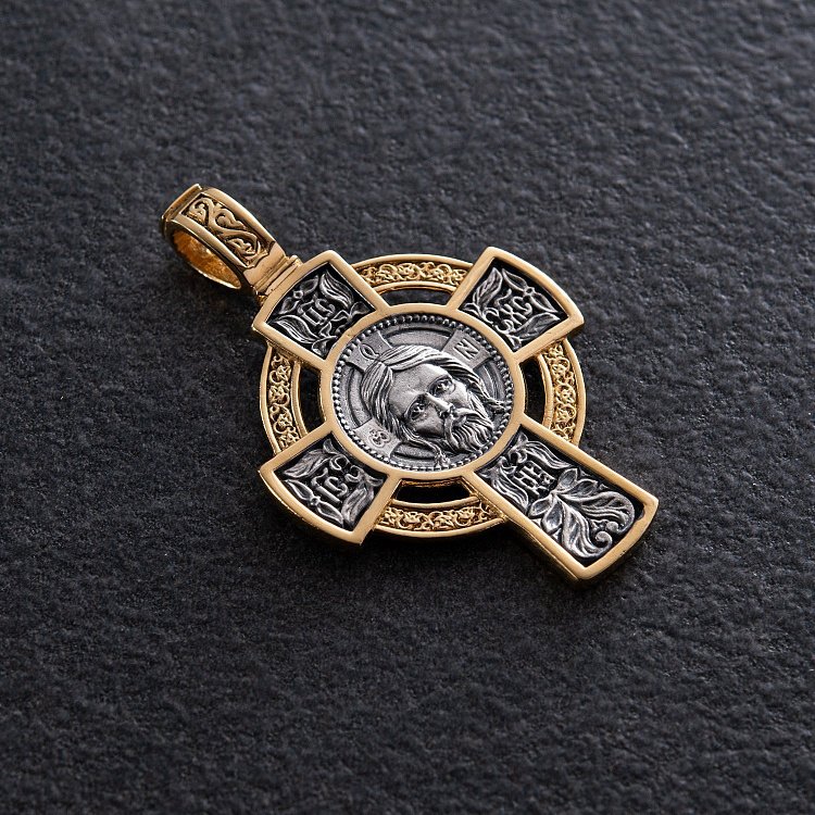 Серебряный крестик "Спас Нерукотворный. Молитва Да воскреснет Бог" с позолотой 132990 от ювелирного магазина Оникс - 1