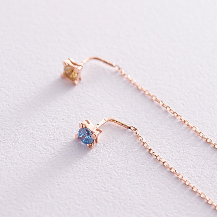 Серьги - протяжки в красном золоте (голубые и желтые фианиты) с08124 от ювелирного магазина Оникс - 2