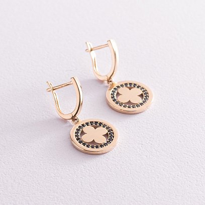 Серьги "Клевер" в желтом золоте (черные фианиты) с07685