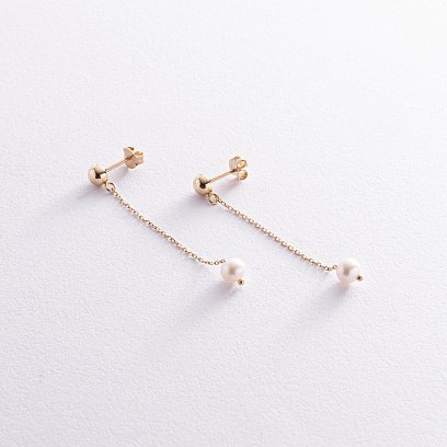 Сережки - пусети "Перлина на ланцюжку" у жовтому золоті с08360 №3