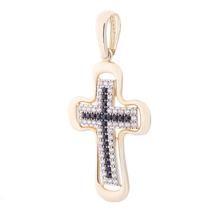 Золотий хрестик з білими і чорними фіанітами п02867 від ювелірного магазину Онікс