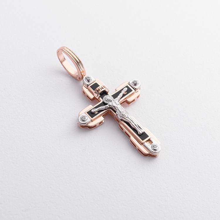 Православний хрест "Розп'яття. Спаси та Збережи" (емаль, фіаніти) 270070Е від ювелірного магазину Онікс