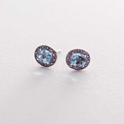 Золотые серьги-пусеты с сапфирами и топазами сб0291gl