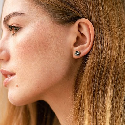 Золоті сережки - пусети "Конюшина" з чорними фіанітами с07938 №4