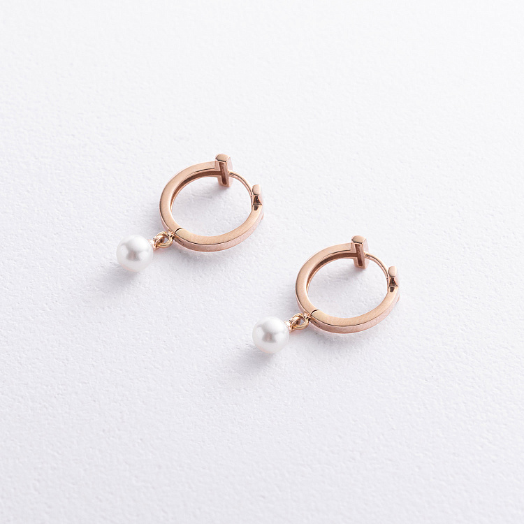 Сережки - кільця "Tina" з перлами (червоне золото) с09637 від ювелірного магазину Онікс - 1