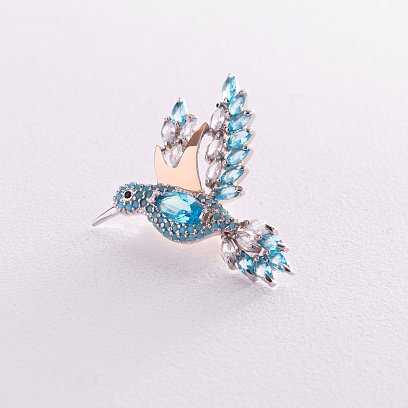 Серебряная брошь "Колибри" с разноцветными фианитами 049
