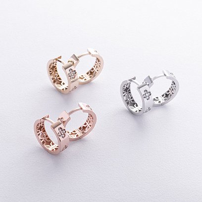 Серьги - кольца "Клевер" в желтом золоте (фианиты) с08888 №3