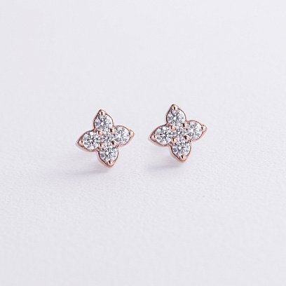 Сережки - пусети "Конюшина" з фіанітами (червоне золото) с09049