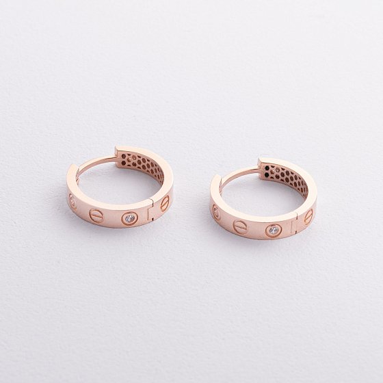 Золотые серьги - кольца "Love" с фианитами с09362 №3