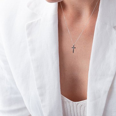 Золотое колье с крестиком (черные и белые фианиты) кол00816 №3