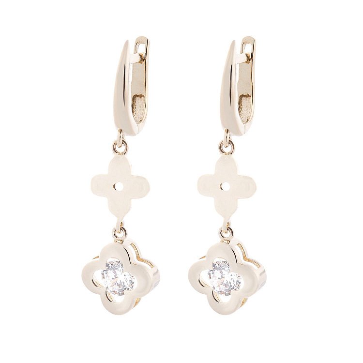 Золотые серьги "Клевер" с фианитами с05050 от ювелирного магазина Оникс - 1