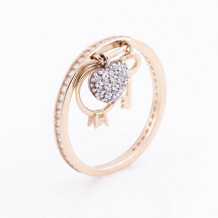 Золотое кольцо "Сердце и ключик" (фианиты) к05071 от ювелирного магазина Оникс - 1