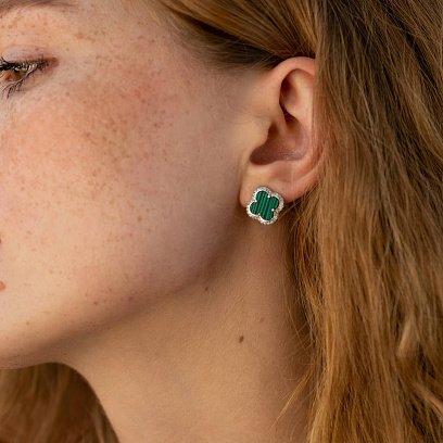 Срібні сережки - пусети "Конюшина" (малахіт, фіаніти) 158/1м №2